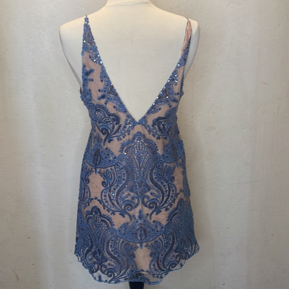 Free People Night Shimmers Blue/Ivory Mini Dress Size 6 - Picture 6 of 9